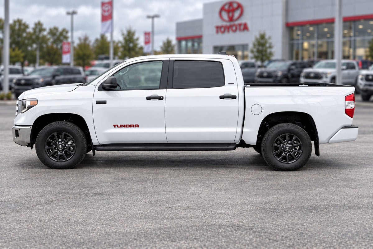 2007-2021 Toyota Tundra door decal in red vinyl on white truck