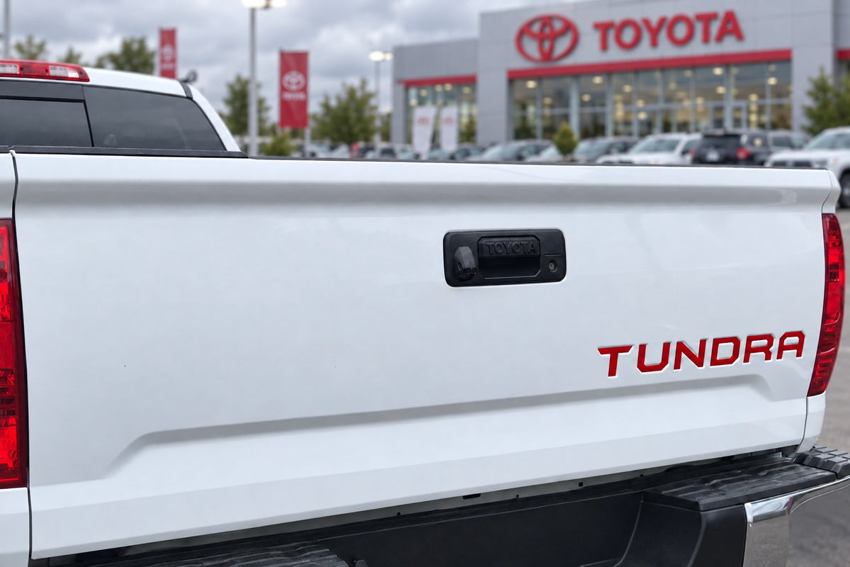 2007-2021 Toyota Tundra tailgate decal inlay in red vinyl on white truck