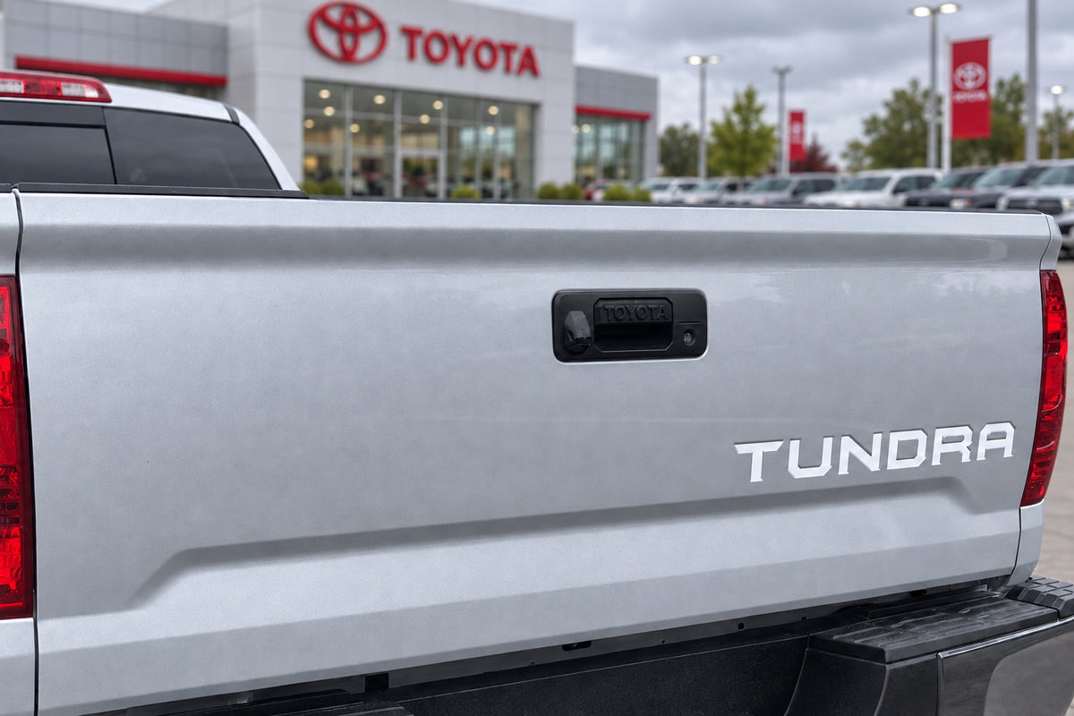 2007-2021 Toyota Tundra tailgate decal inlay in white vinyl on silver truck